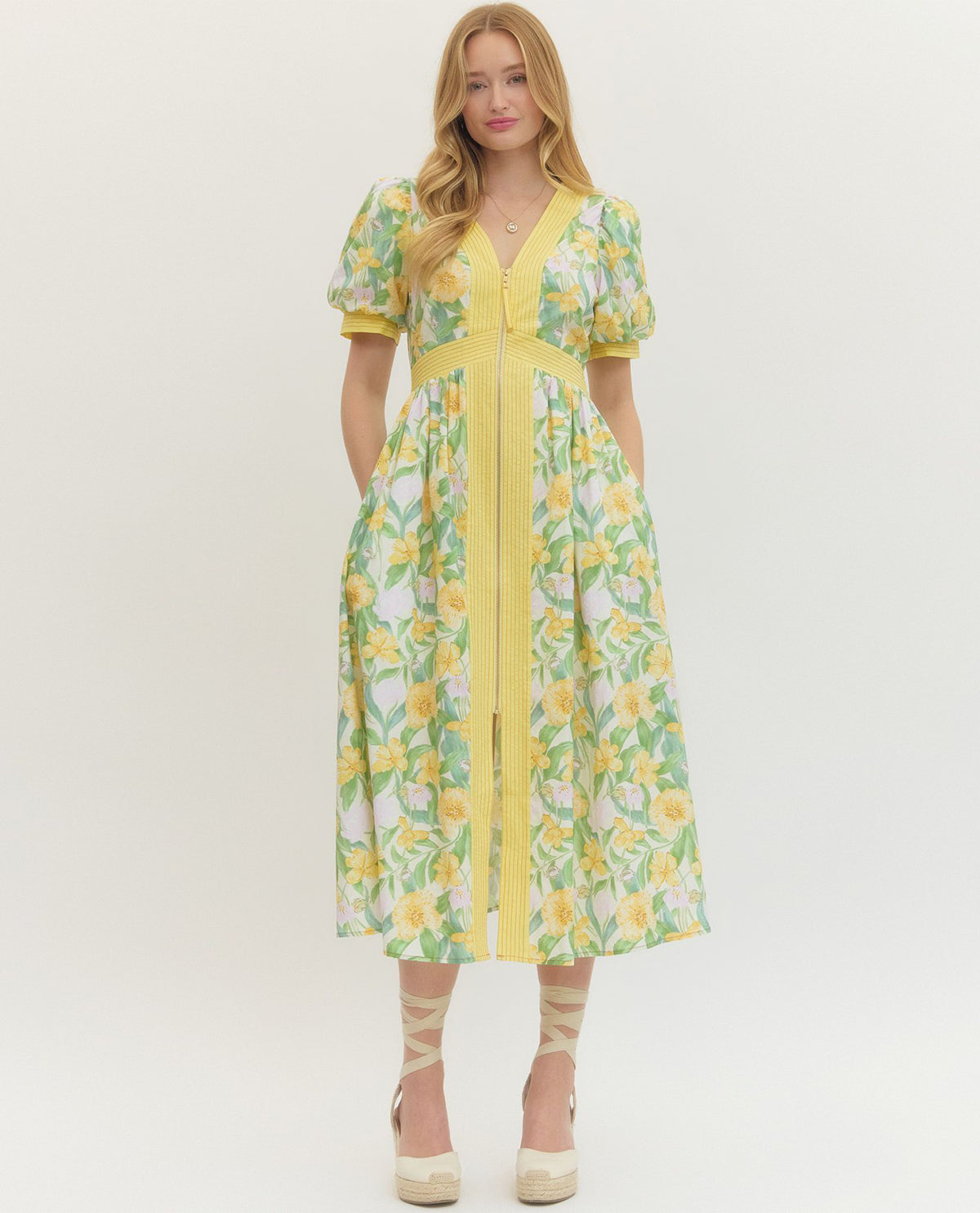 Entro Print Dress With Solid Trim Yellow