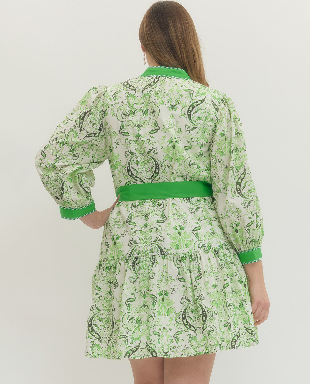 Entro Print Dress With Tie Waist Apple Green