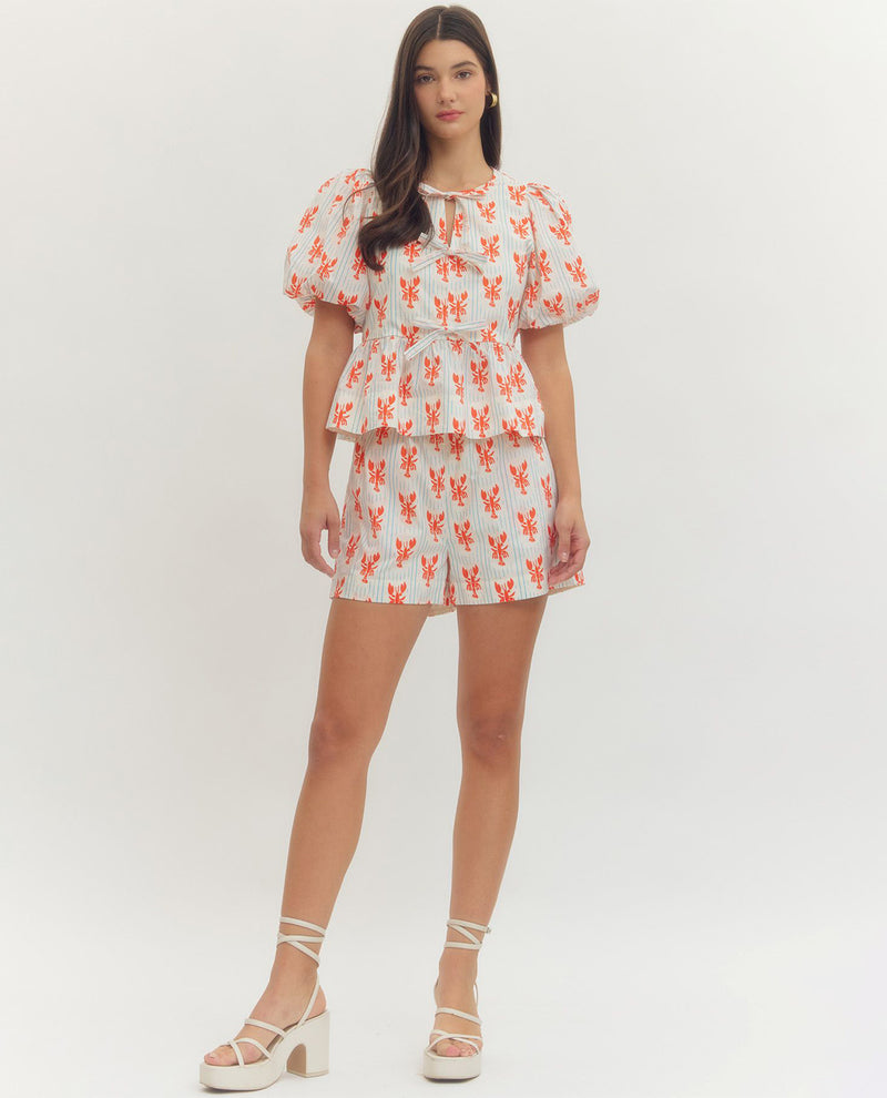 Entro Lobster Print Top With Tie Waist Red