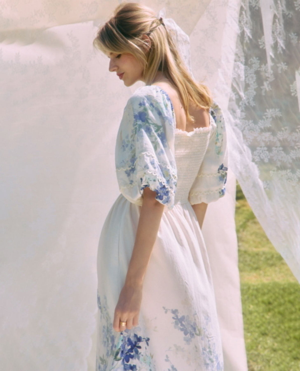 Oddi Smocked Square Neck Dress Blue