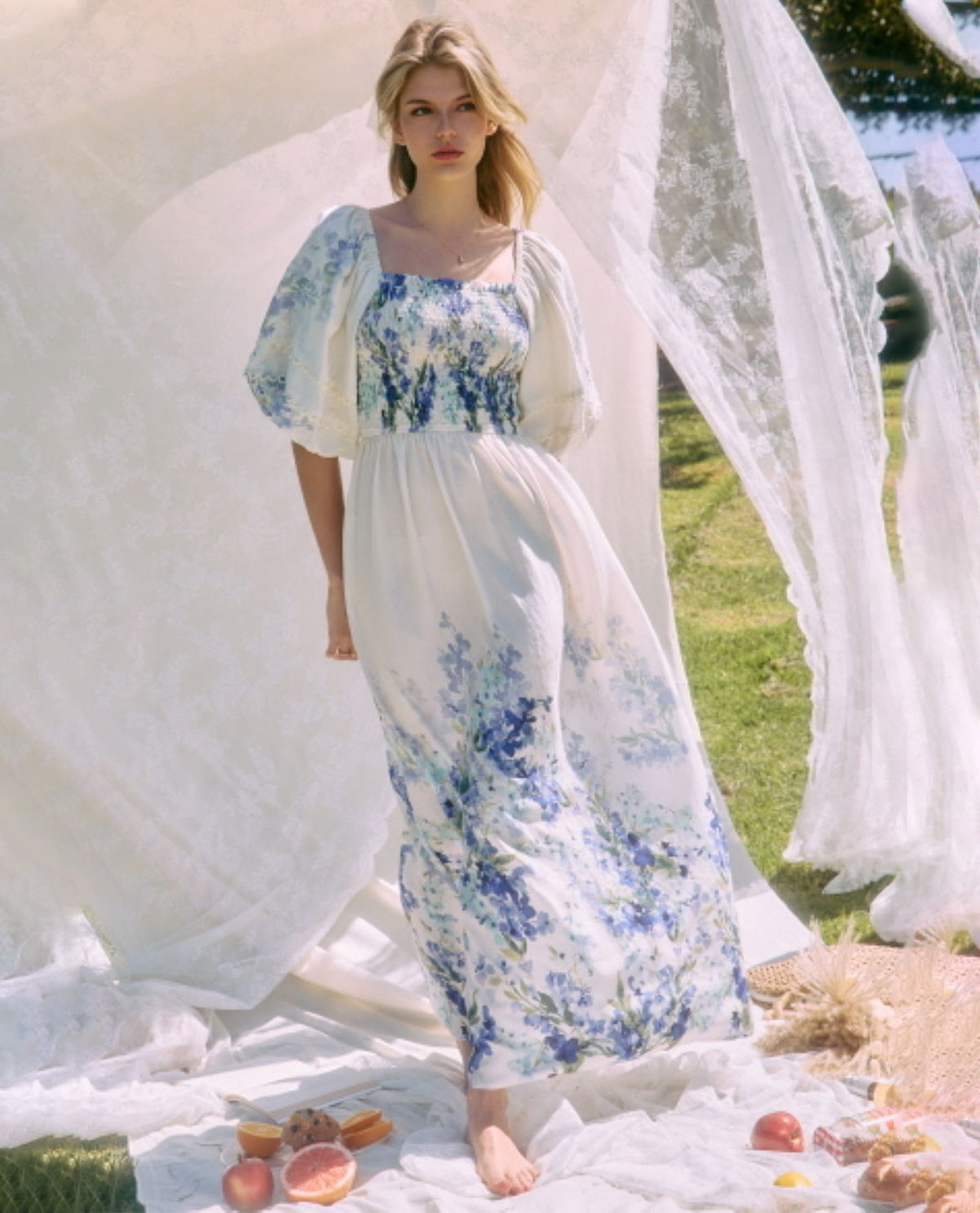 Oddi Smocked Square Neck Dress Blue