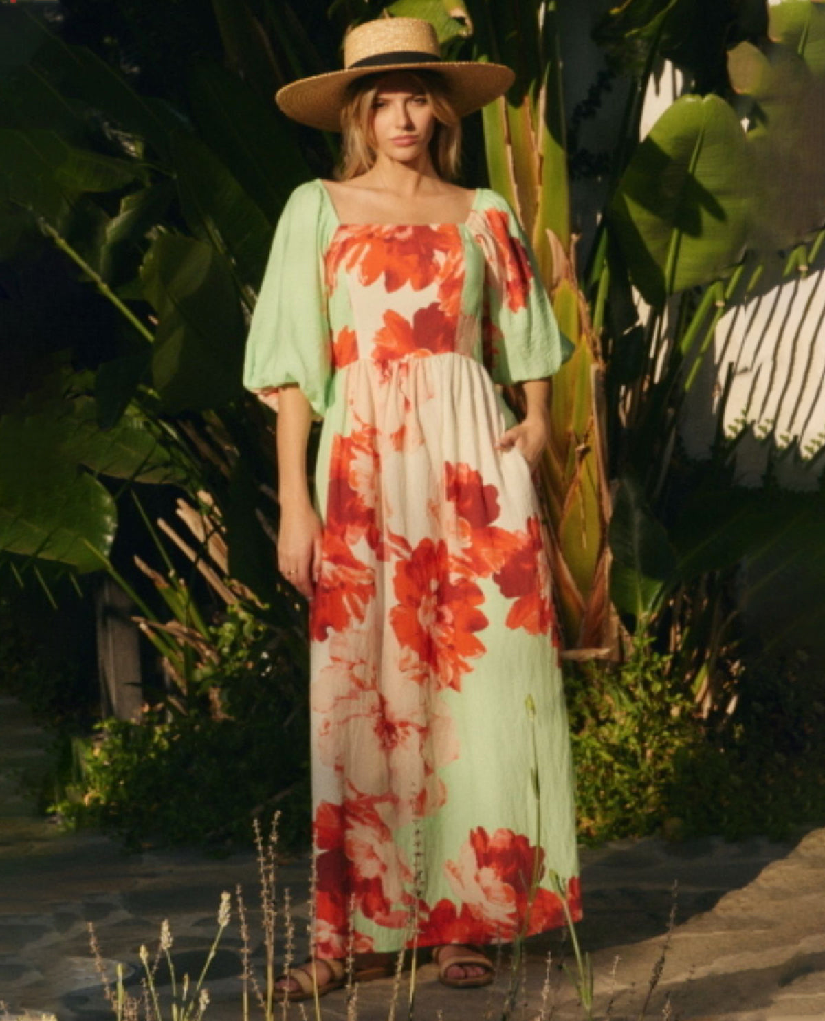 Oddi Floral Print Square Neck Maxi Dress Pistachio