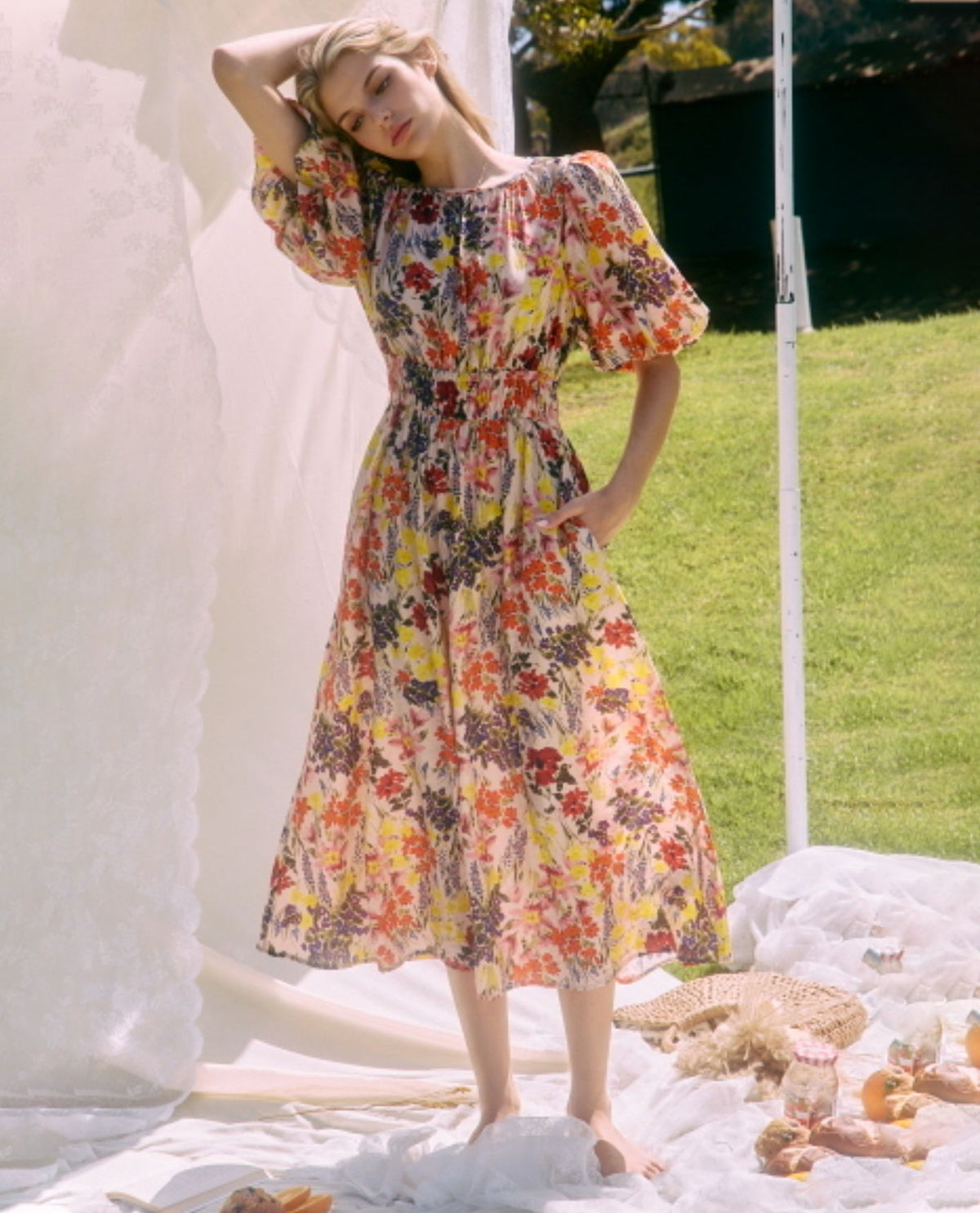 Oddi Floral Print Smocked Waist Dress Botanical