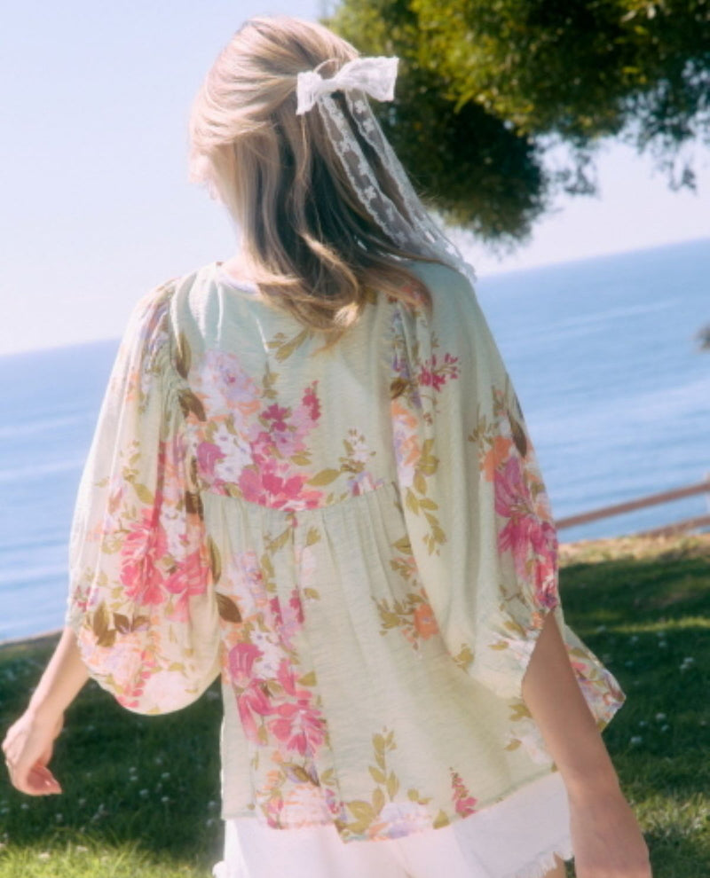 Oddi Floral Relax Fit Top With Front Bows Sage