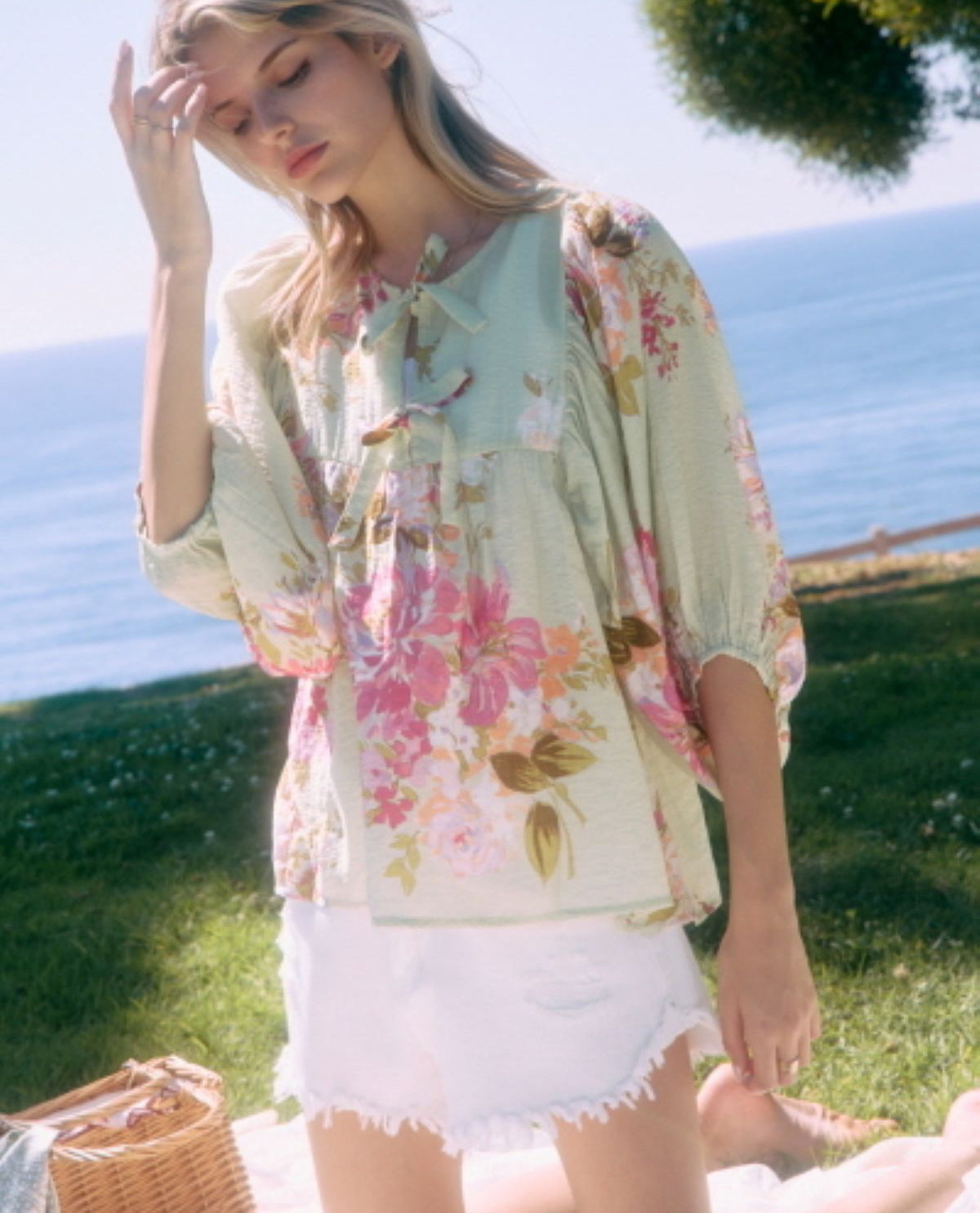 Oddi Floral Relax Fit Top With Front Bows Sage