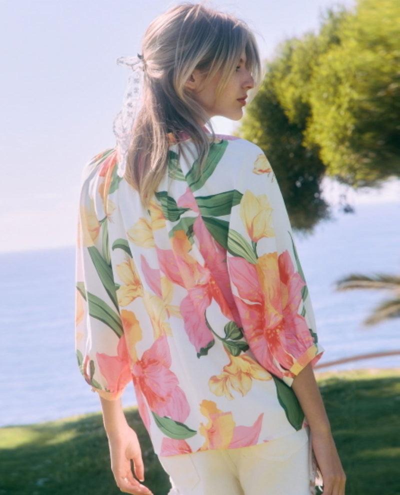 Oddi Floral Print Top With Neck Tie And Cuff Sleeves White Multi