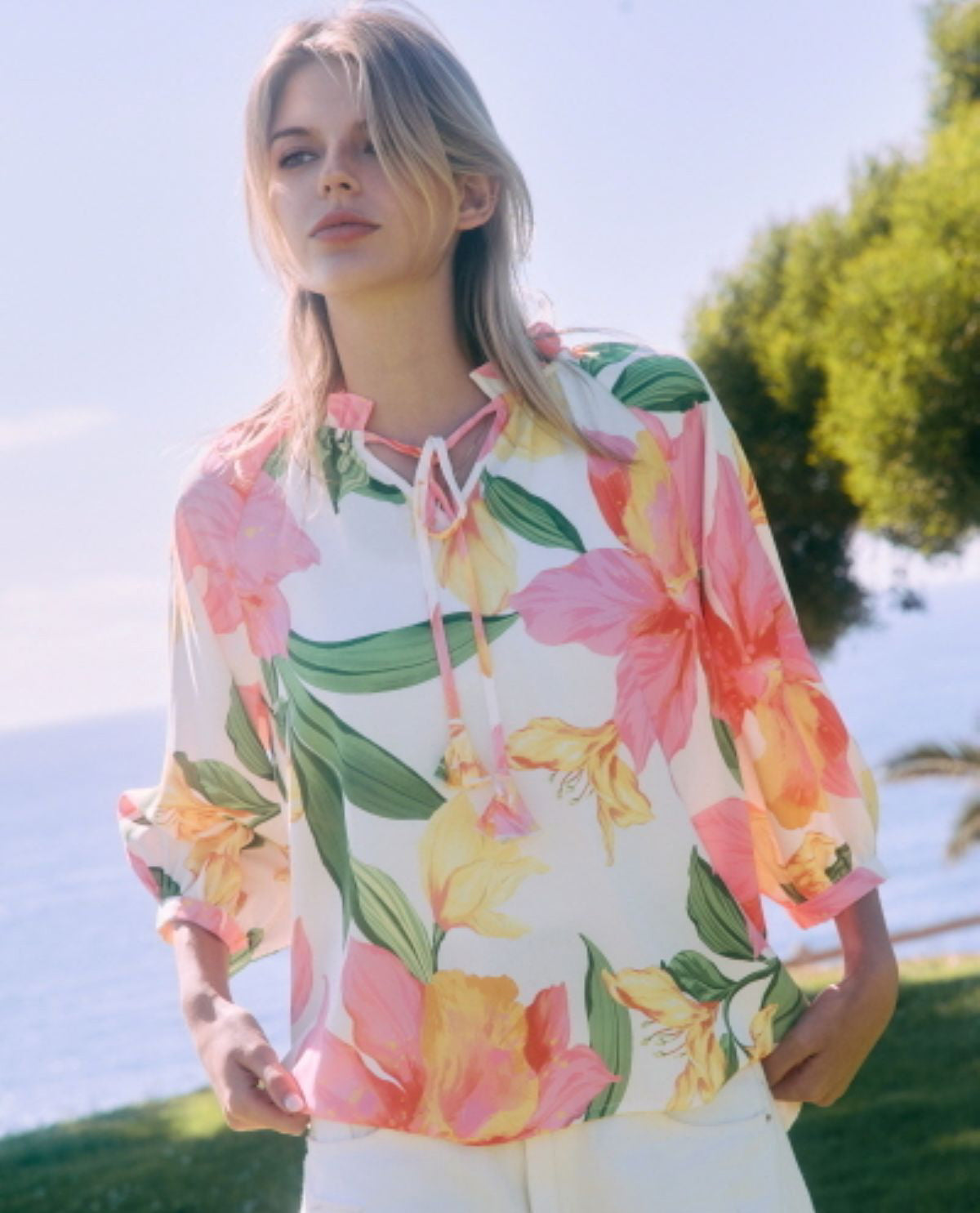 Oddi Floral Print Top With Neck Tie And Cuff Sleeves White Multi
