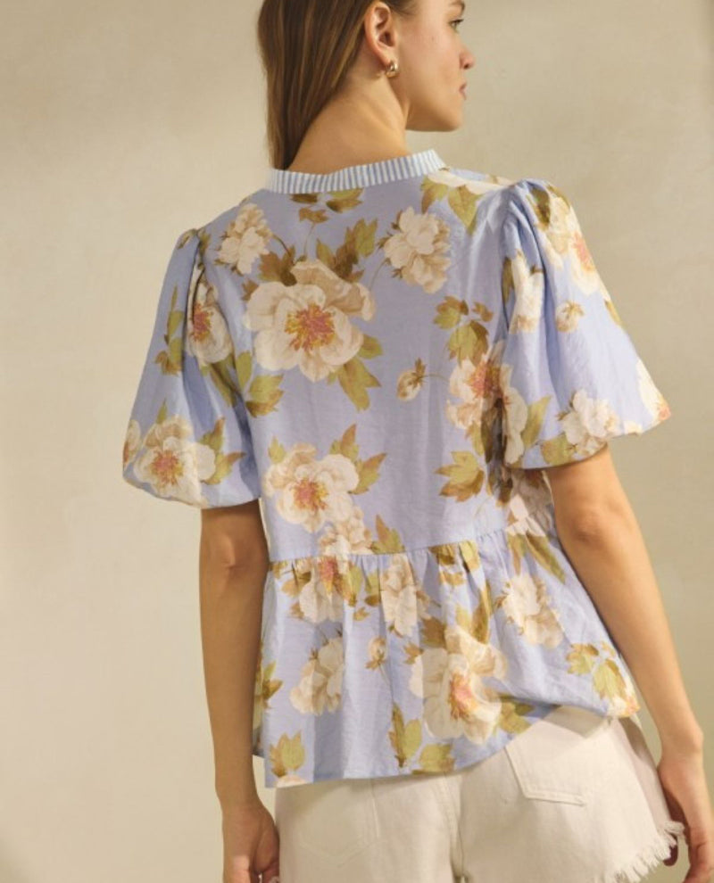 Oddi Puff Sleeve Floral Top Periwinkle