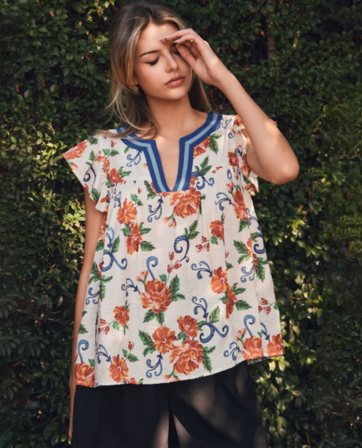 Oddi Print Cap Sleeve Top With Contrast Trim Neckline Baroque