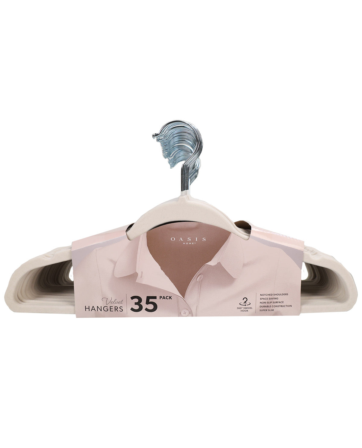 A pack of 35 Oakley Wood Hangers, shown with a light pink dress shirt folded inside the hanger packaging on a solid white background.