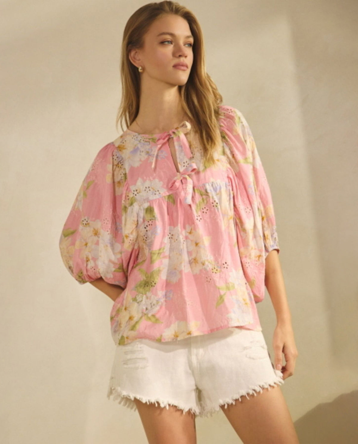 Oddi Floral Print Top With Ties Pink