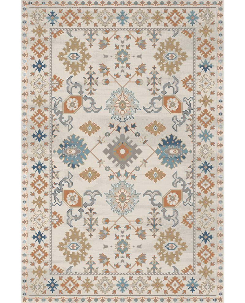 Decorative area rug with geometric pattern on a beige background