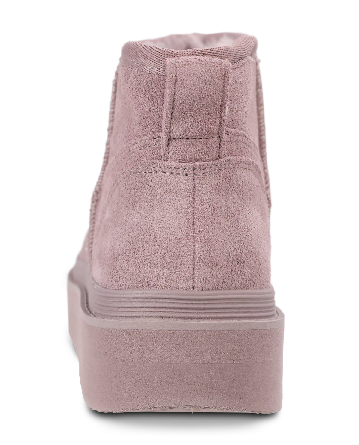 A single dusty pink suede ankle boot shown from the back on a plain white background.