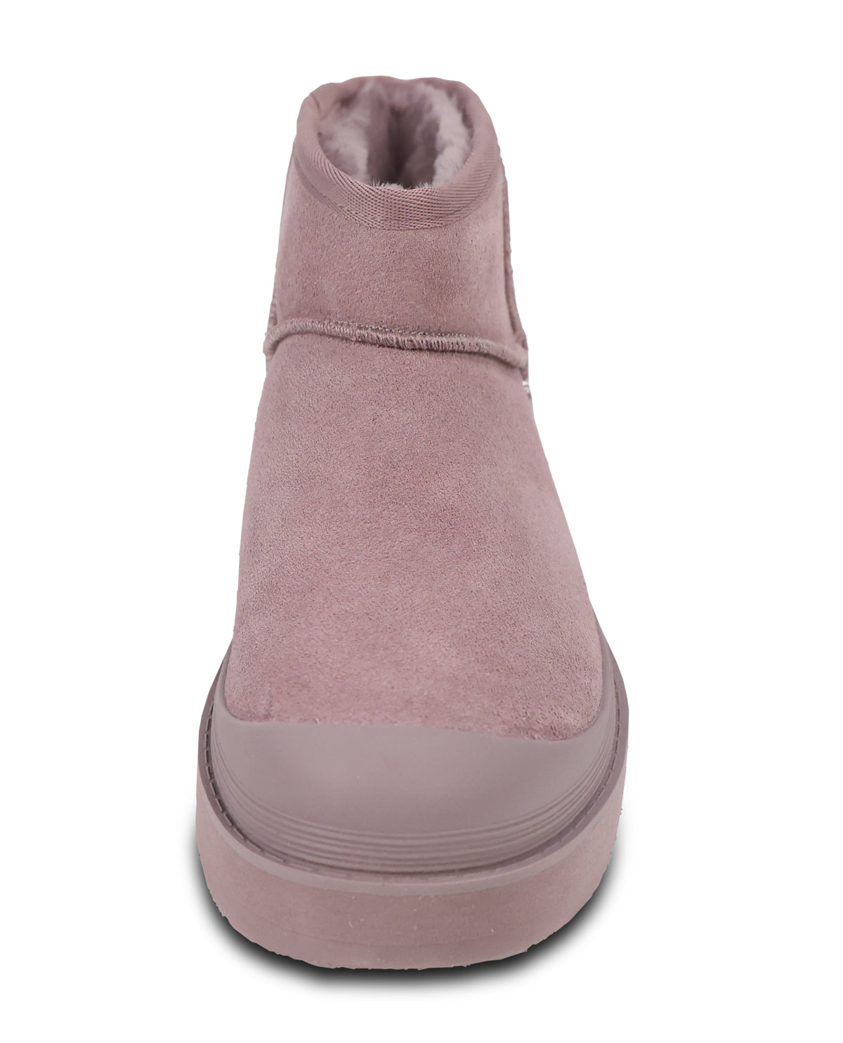 A single dusty pink suede ankle boot with a thick matching sole and plush lining visible at the opening, shown against a plain white background.