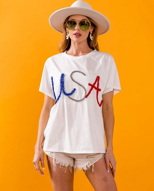 Bibi USA Letter Dolman Short Sleeve Top