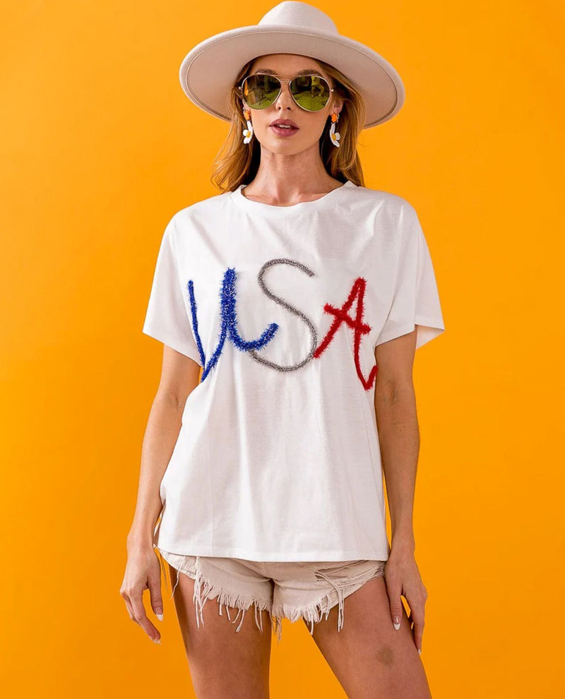 Bibi USA Letter Dolman Short Sleeve Top
