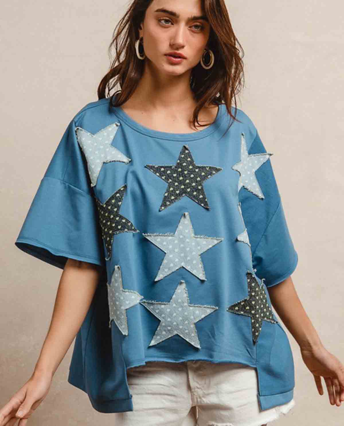 Bibi Star Patches Oversized Top Blue