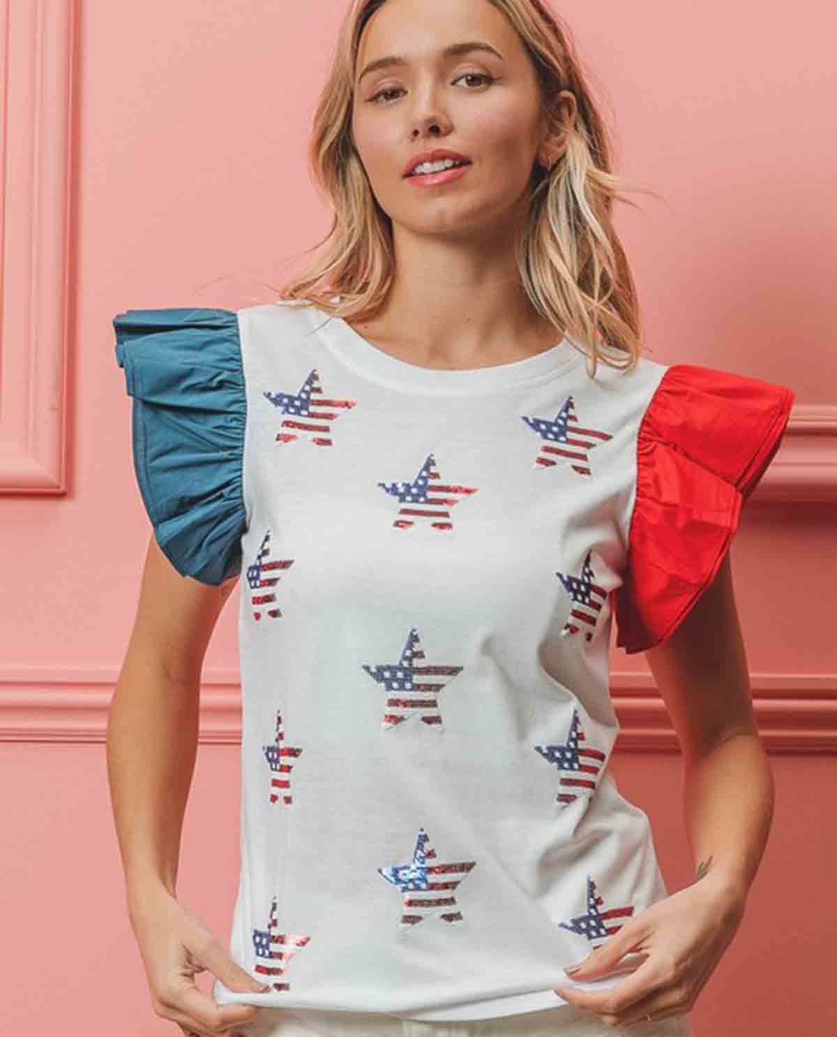 Bibi American Flag Sequin Stars Top White