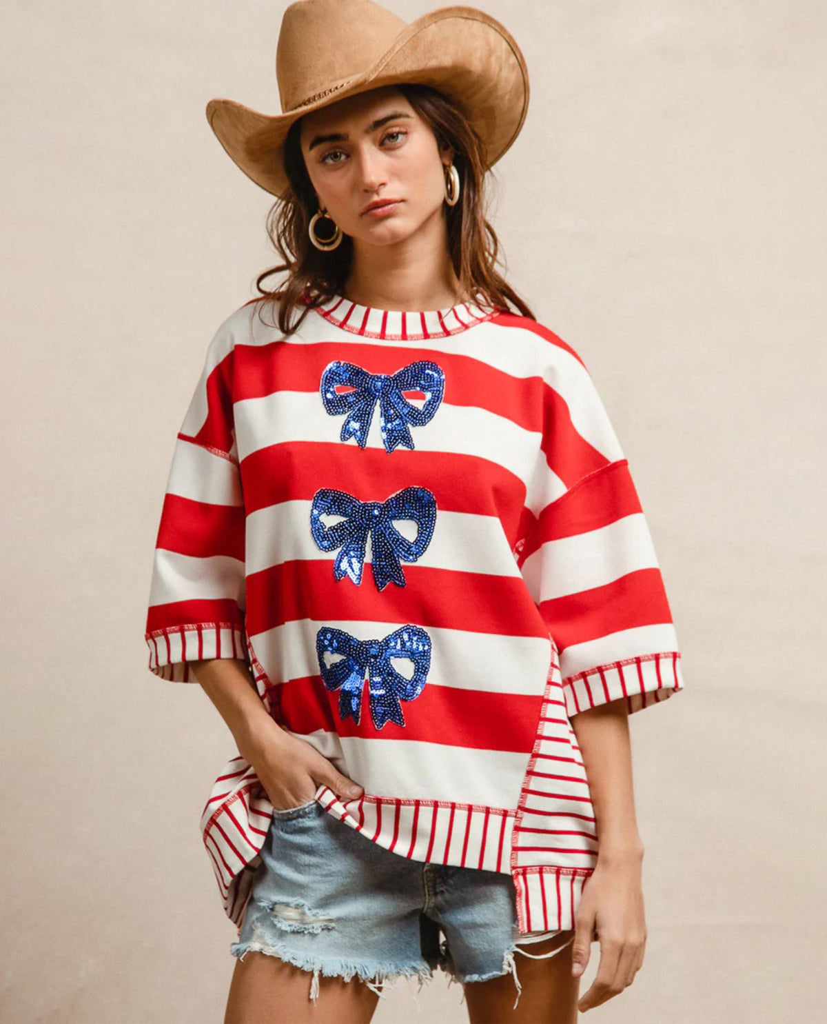 Bibi Mixed Stripe Top with Bows Sequin Patches