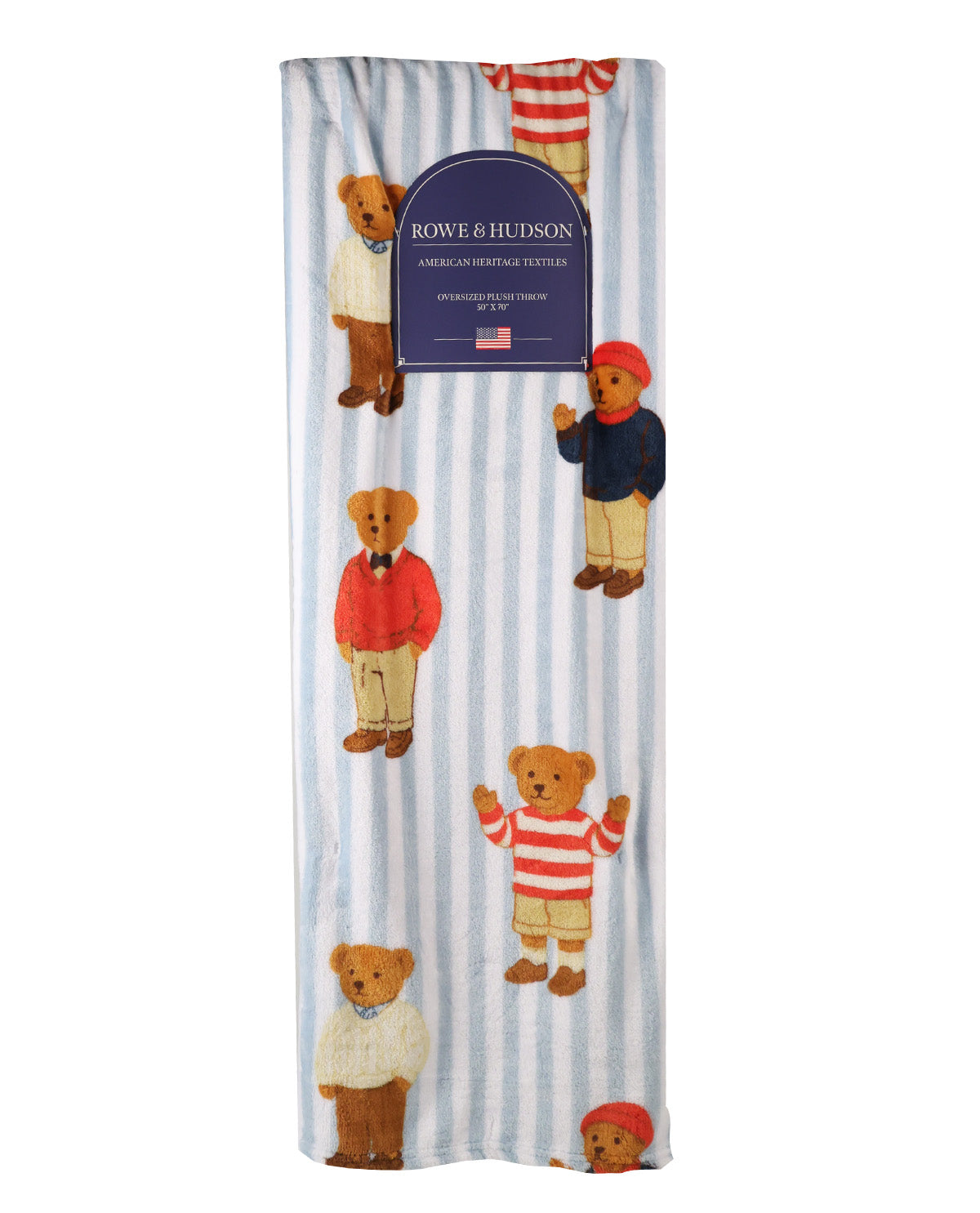 A folded baby blanket featuring a light blue and white vertical stripe pattern with vintage-style illustrations of teddy bears in red, navy, cream, and tan outfits. A dark blue paper label at the top reads 'BOWE & HUDSON'.