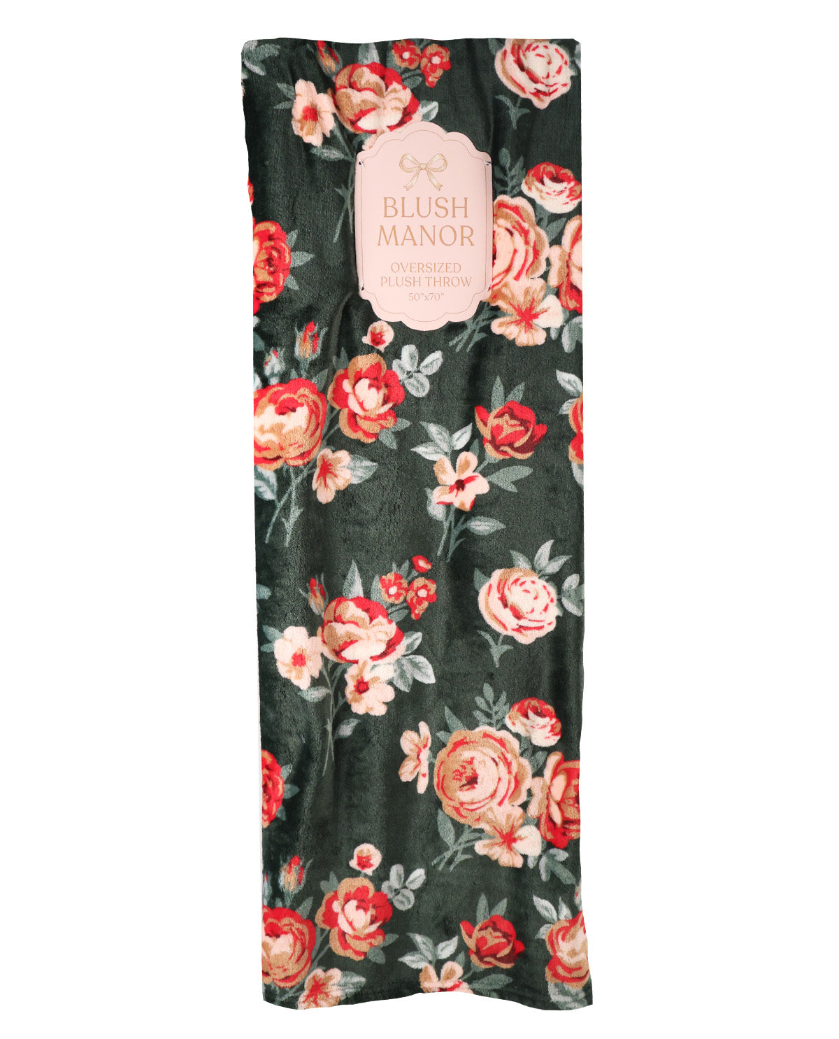 A long rectangular throw blanket featuring a dark forest green background with a vintage-style red and pink floral print, complete with a light pink 'Blush Manor' label at the top.