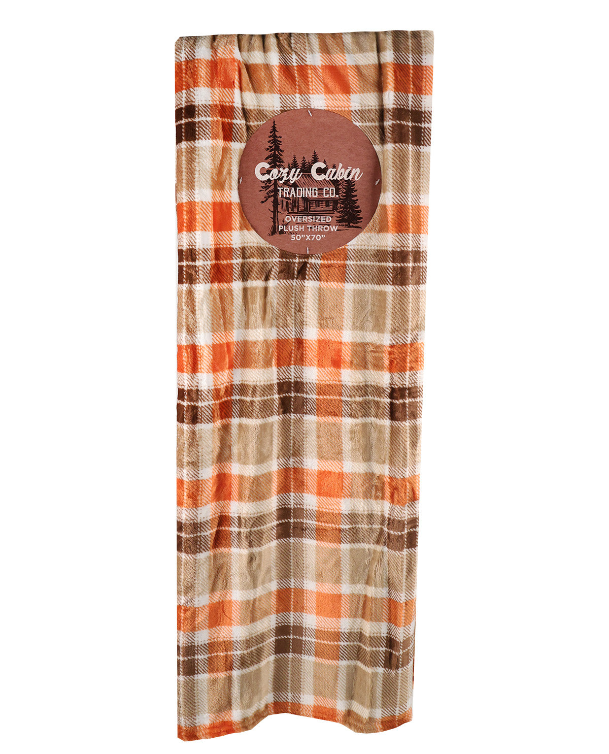 A fleece throw blanket with an orange, brown, and beige plaid pattern, featuring a circular brown paper label that reads 'Easy Coochies'.