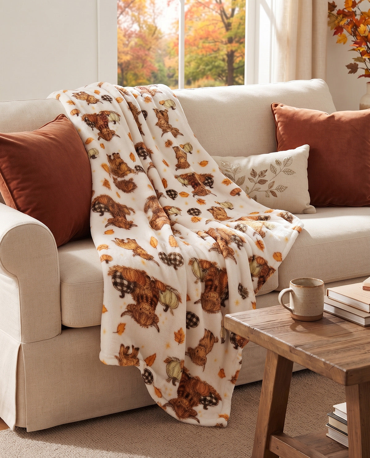 Grateful Fall Highland Cow Plush Throw