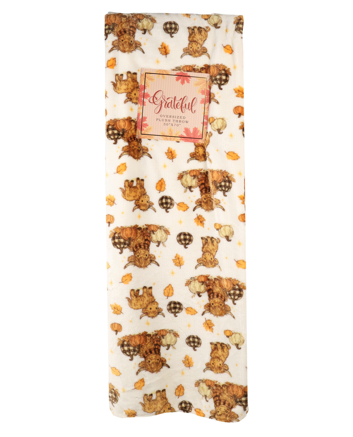 A folded fabric item, likely a blanket or throw, featuring a white background with a repeating pattern of brown and black plaid cats, orange leaves, and small yellow stars. A square label in the center reads 'Grateful' and 'Autumn Cat Throw'.