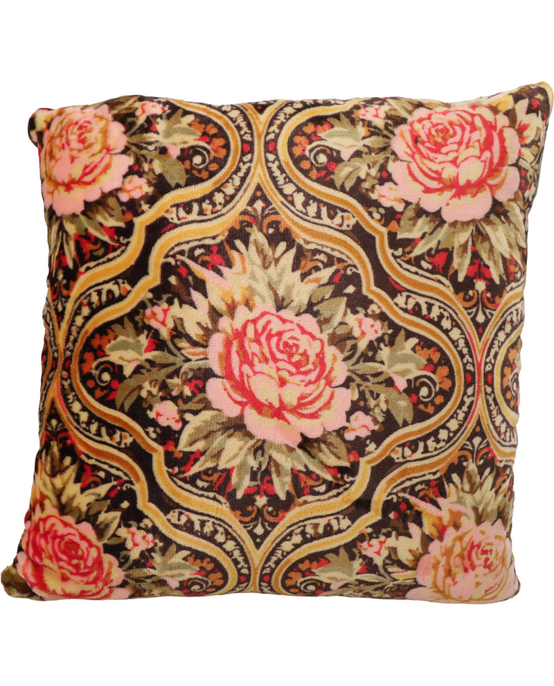 A square decorative throw pillow featuring a vintage-style floral tapestry pattern with pink roses and gold ornamental scrollwork on a dark brown background.
