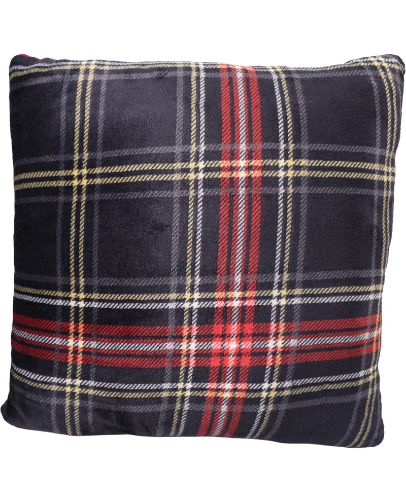 A square throw pillow featuring a classic tartan plaid pattern in navy blue, red, yellow, and white.