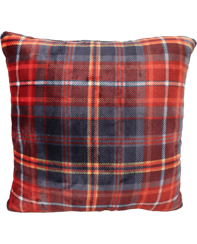 A square throw pillow featuring a classic red, navy, and orange tartan plaid pattern, shown against a plain white background.