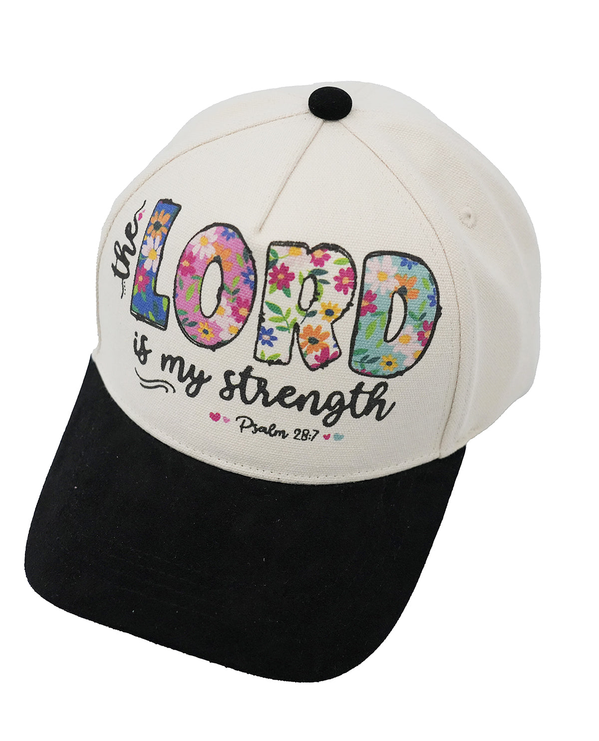 Cap with 'The Lord is my strength' text on a white background