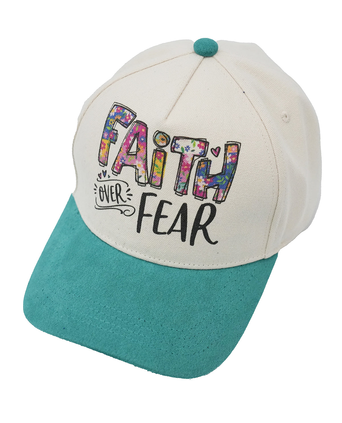 Cap with 'Faith Over Fear' text on a white background