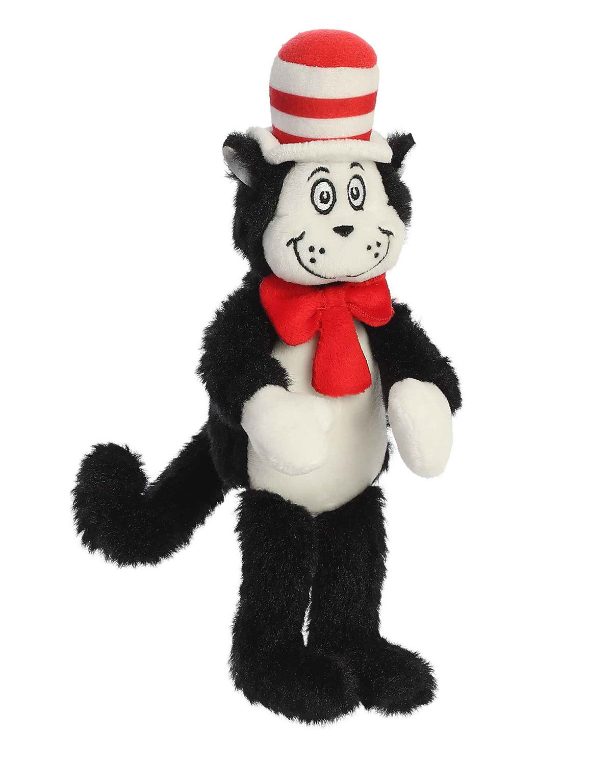A plush toy of the Cat in the Hat character, featuring black and white fur, a red and white striped hat, and a red bow tie, set against a plain white background.