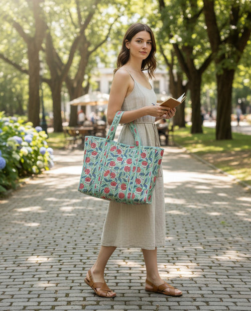 Floral Quilted Tote Bag Pink
