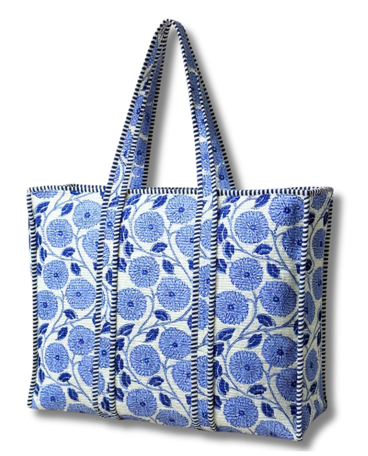 Floral Print Quilted Tote Bag Blue and White