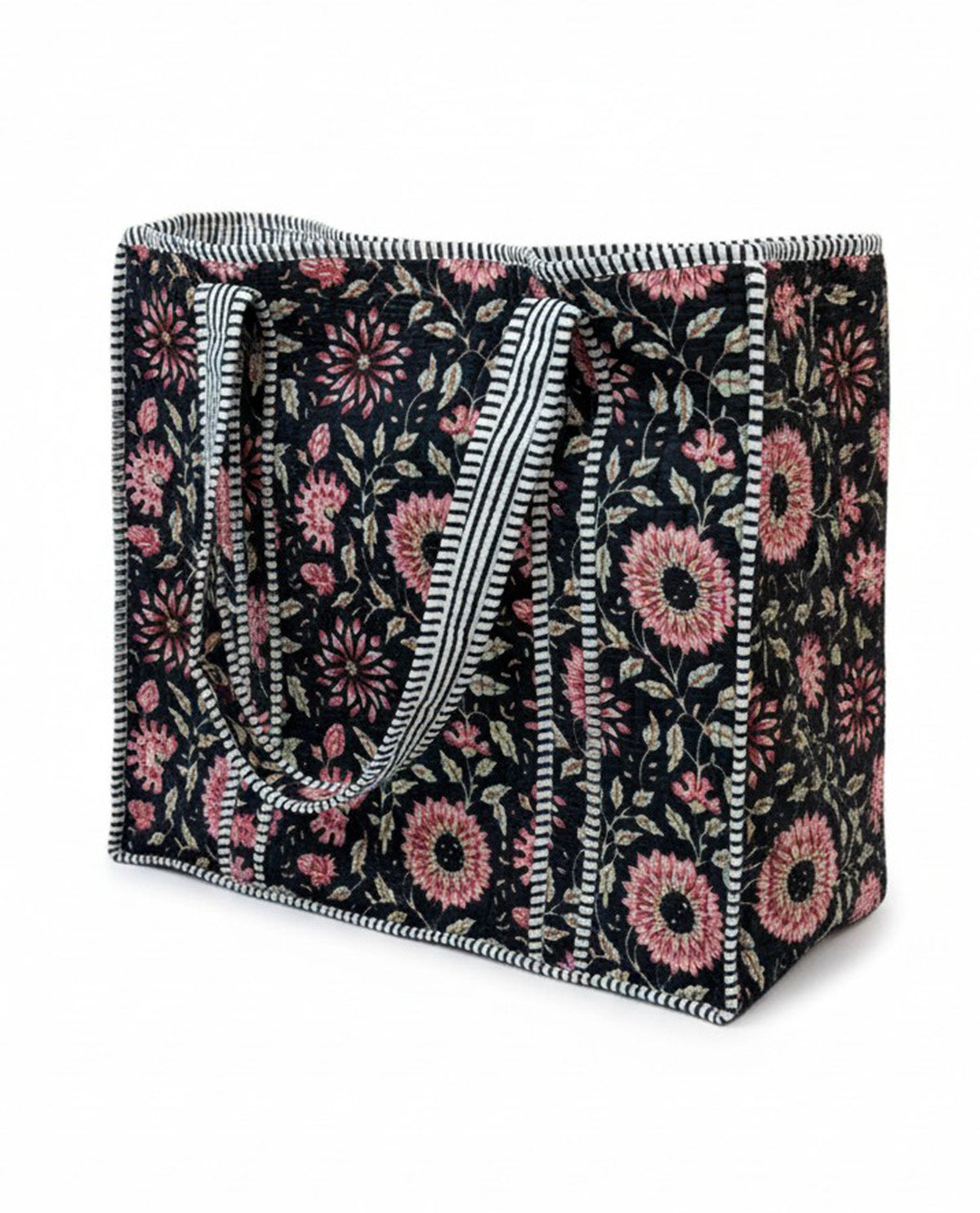 Floral Print Quilted Tote Bag Black
