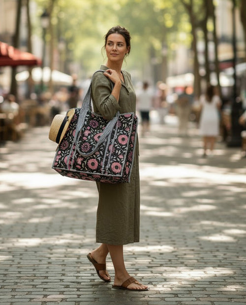 Floral Print Quilted Tote Bag Black