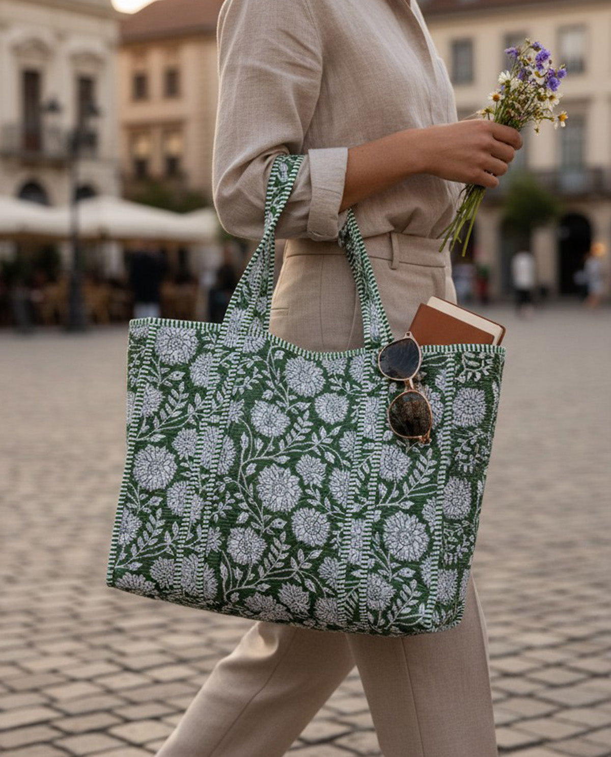 Floral Quilted Tote Bag Green