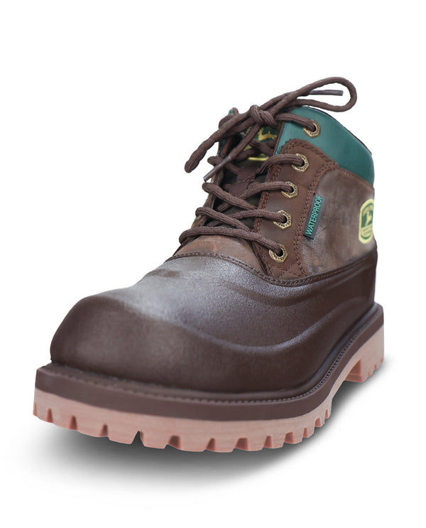 A dark brown leather lace-up work boot with a teal collar, a light tan rugged sole, and a green John Deere logo patch on the side.