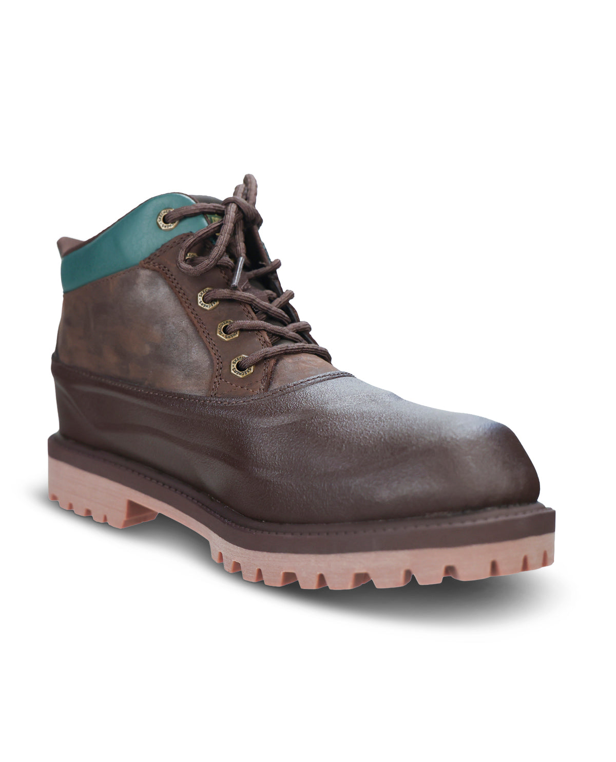 A dark brown leather lace-up work boot with a teal collar, a light tan rugged sole, and a green John Deere logo patch on the side.