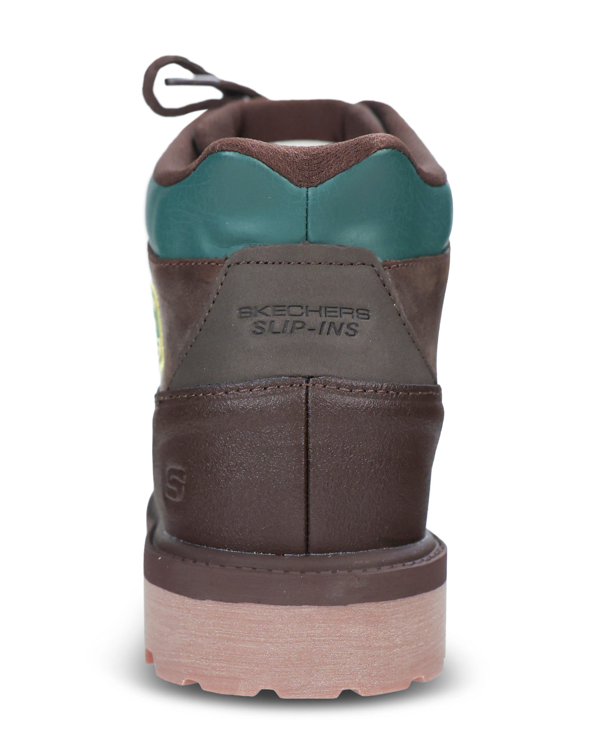 A Skechers SLIP-INS ankle boot shown from the back, featuring dark brown leather and suede panels, a green collar, and tan sole on a white background.