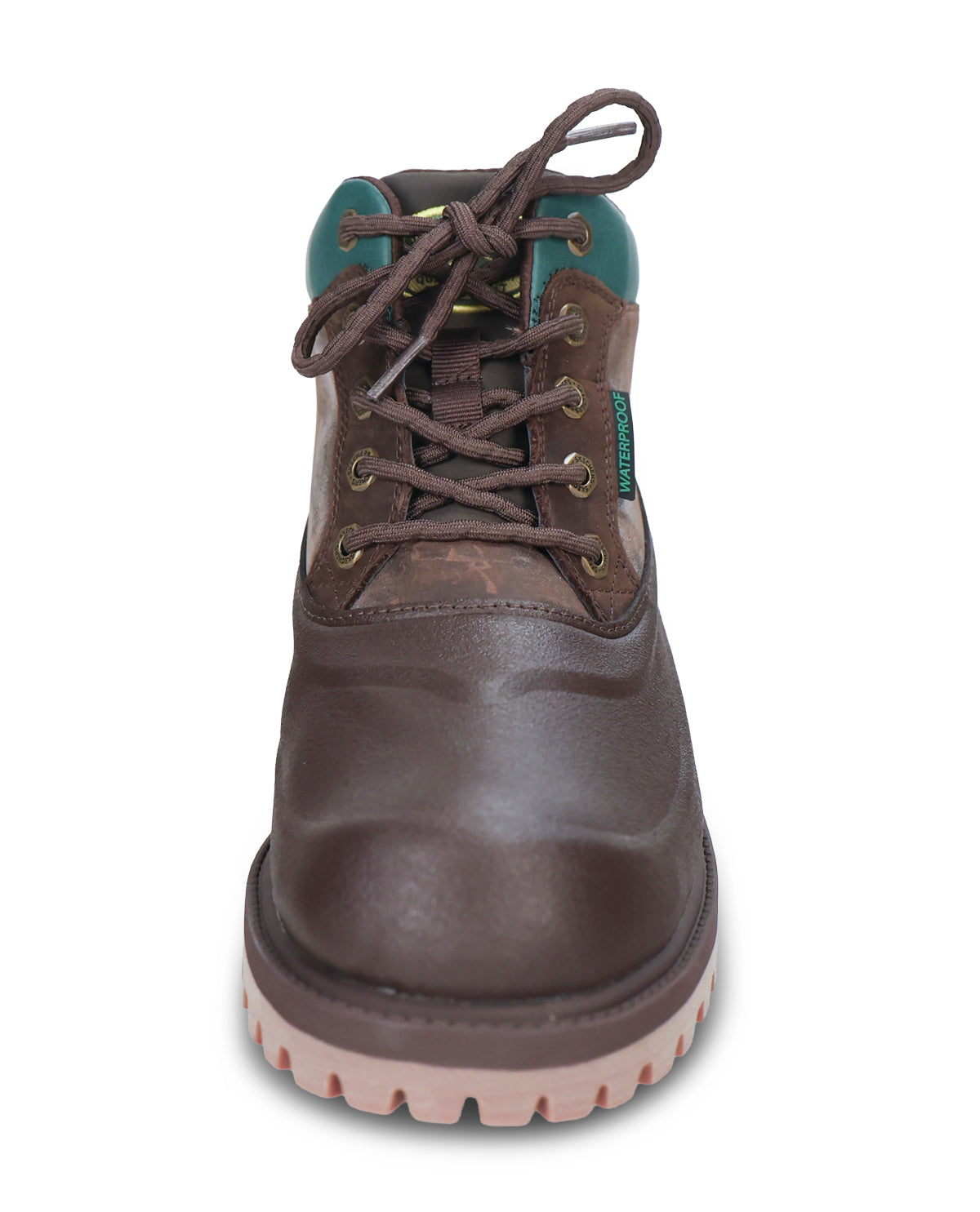 A dark brown leather lace-up boot with a teal inner collar and a light pinkish-tan sole, shown from a front-facing perspective on a white background.