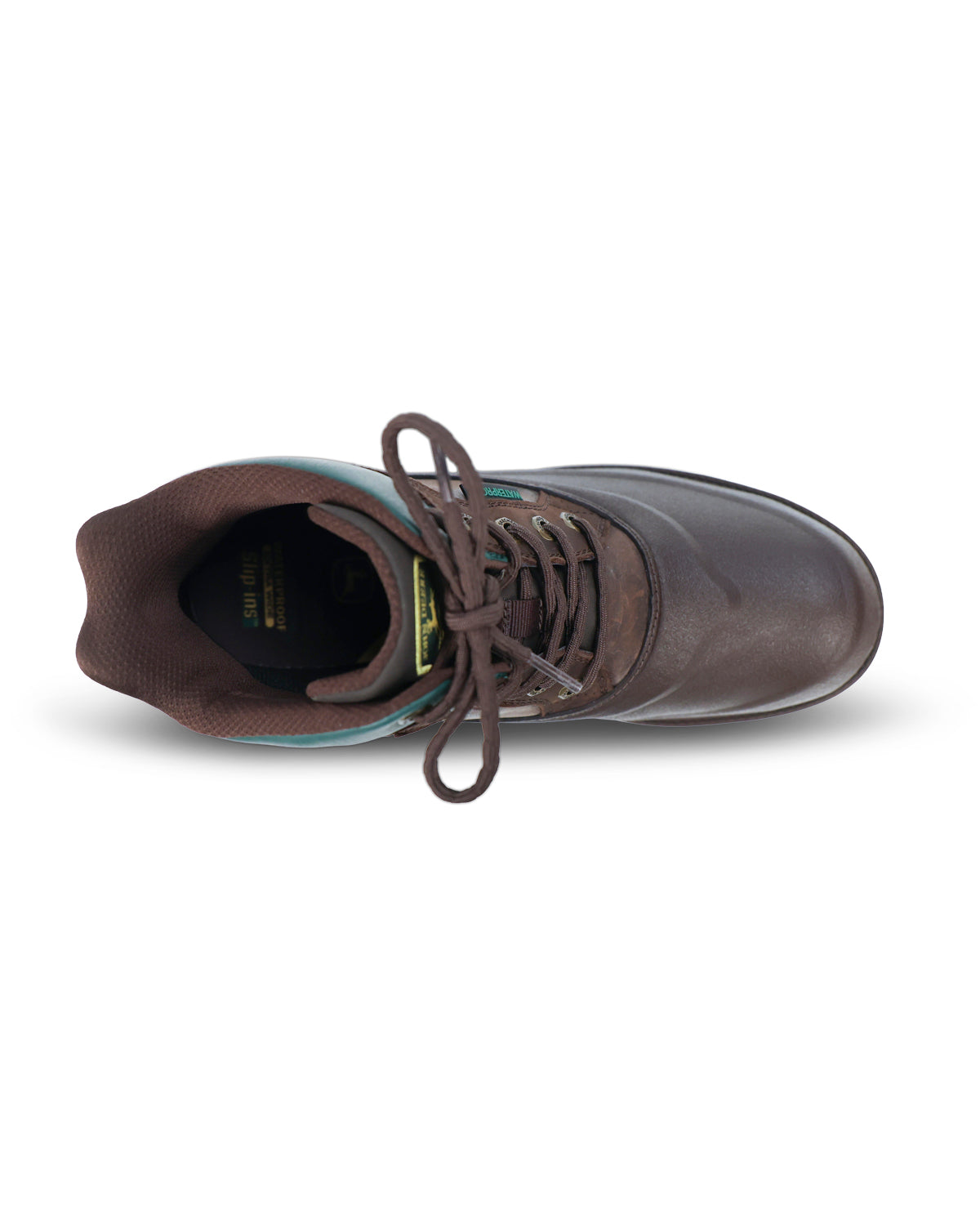 A dark brown leather lace-up boot shown from a top-down angle on a white background.