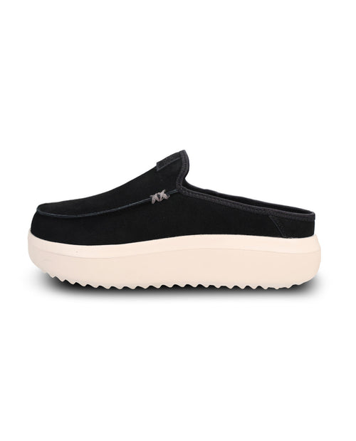 A black slip-on clog shoe with a thick, textured off-white platform sole, shown from a side profile on a white background.