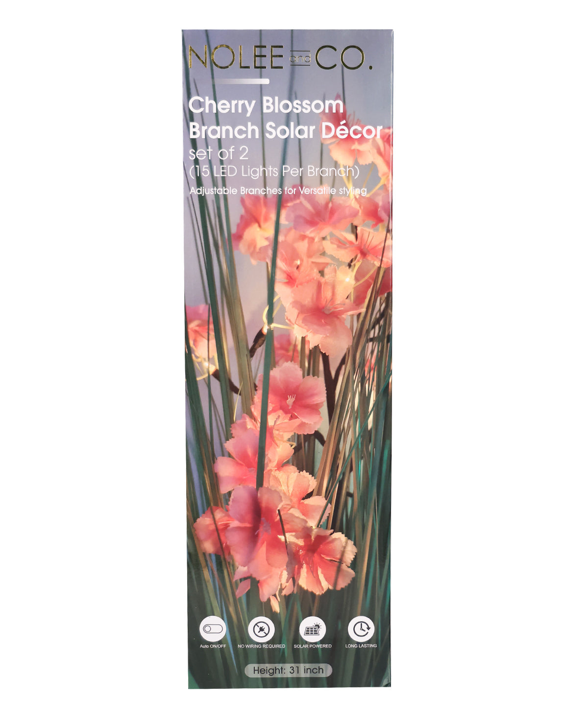 A tall rectangular product box for Nolée Co. Cherry Blossom Branch Solar Décor, featuring a floral design of pink cherry blossoms and green stems on a white background.