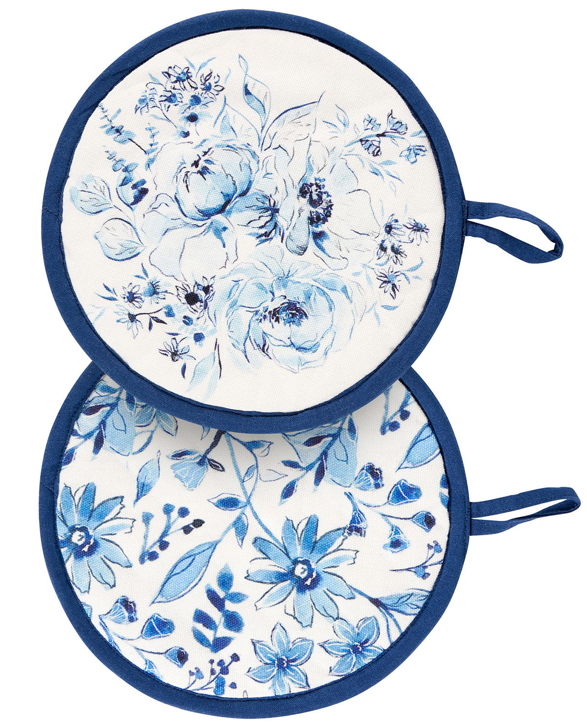 Two round white oven mitts with blue floral patterns and dark blue borders, stacked vertically on a white background.
