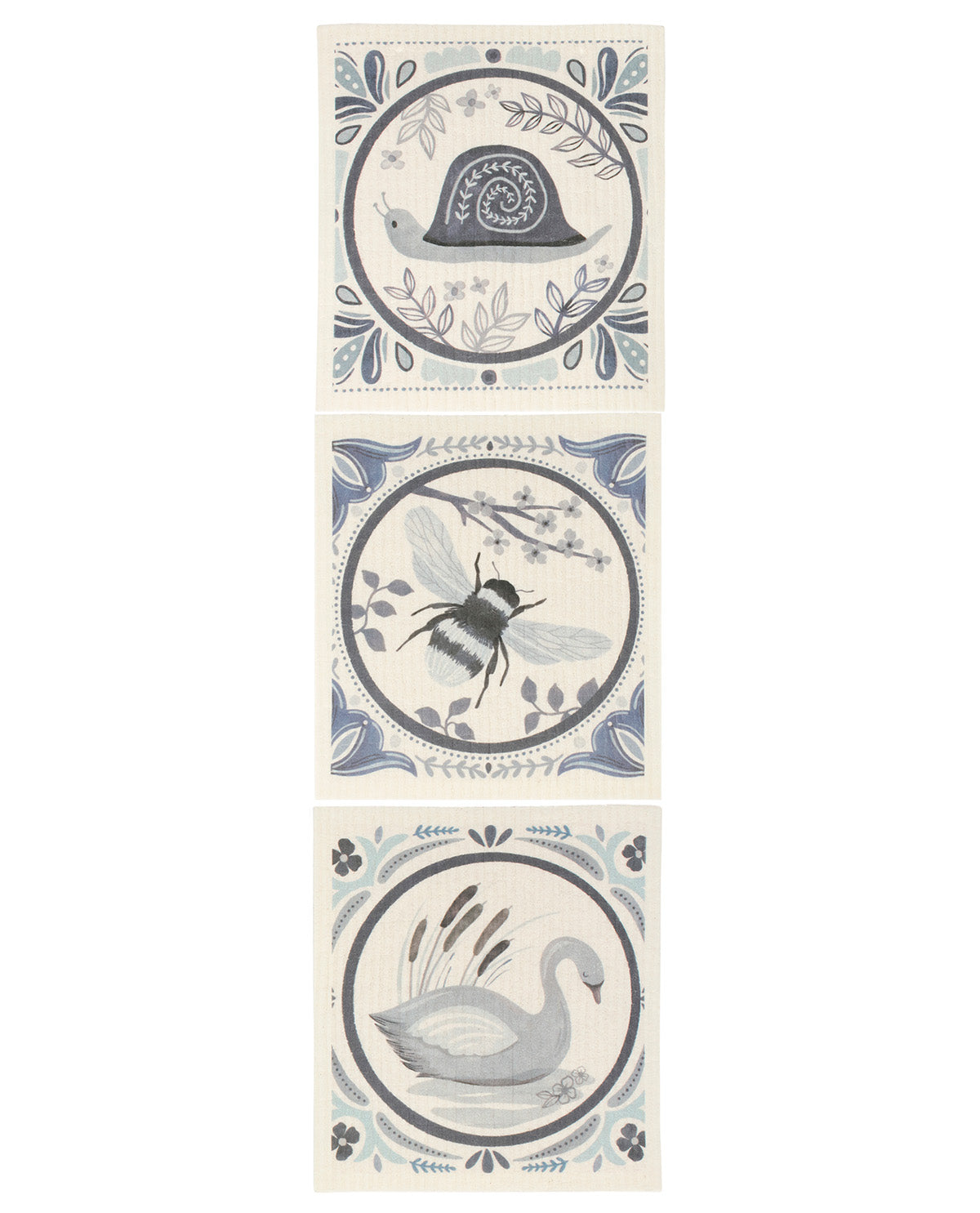 Three vertical decorative tiles or panels with illustrated nature motifs: a snail at the top, a bee in the middle, and a swan at the bottom, all in muted blue-gray and black on an off-white background.