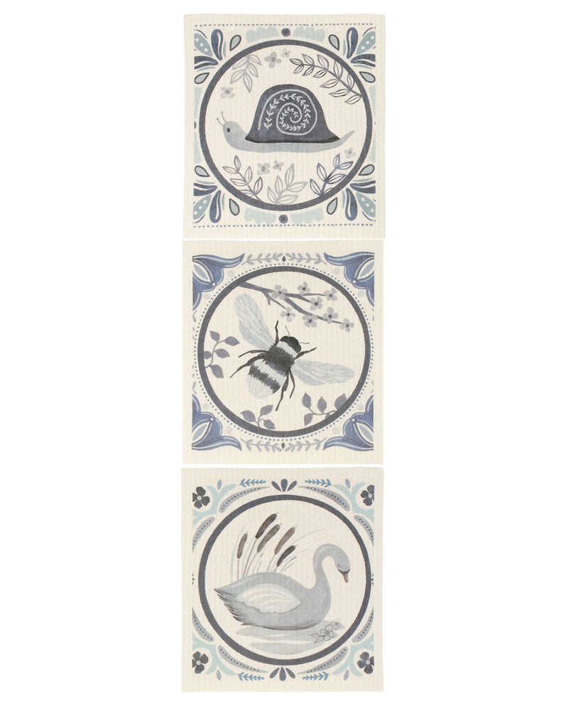 Three vertical decorative tiles or panels with illustrated nature motifs: a snail at the top, a bee in the middle, and a swan at the bottom, all in muted blue-gray and black on an off-white background.