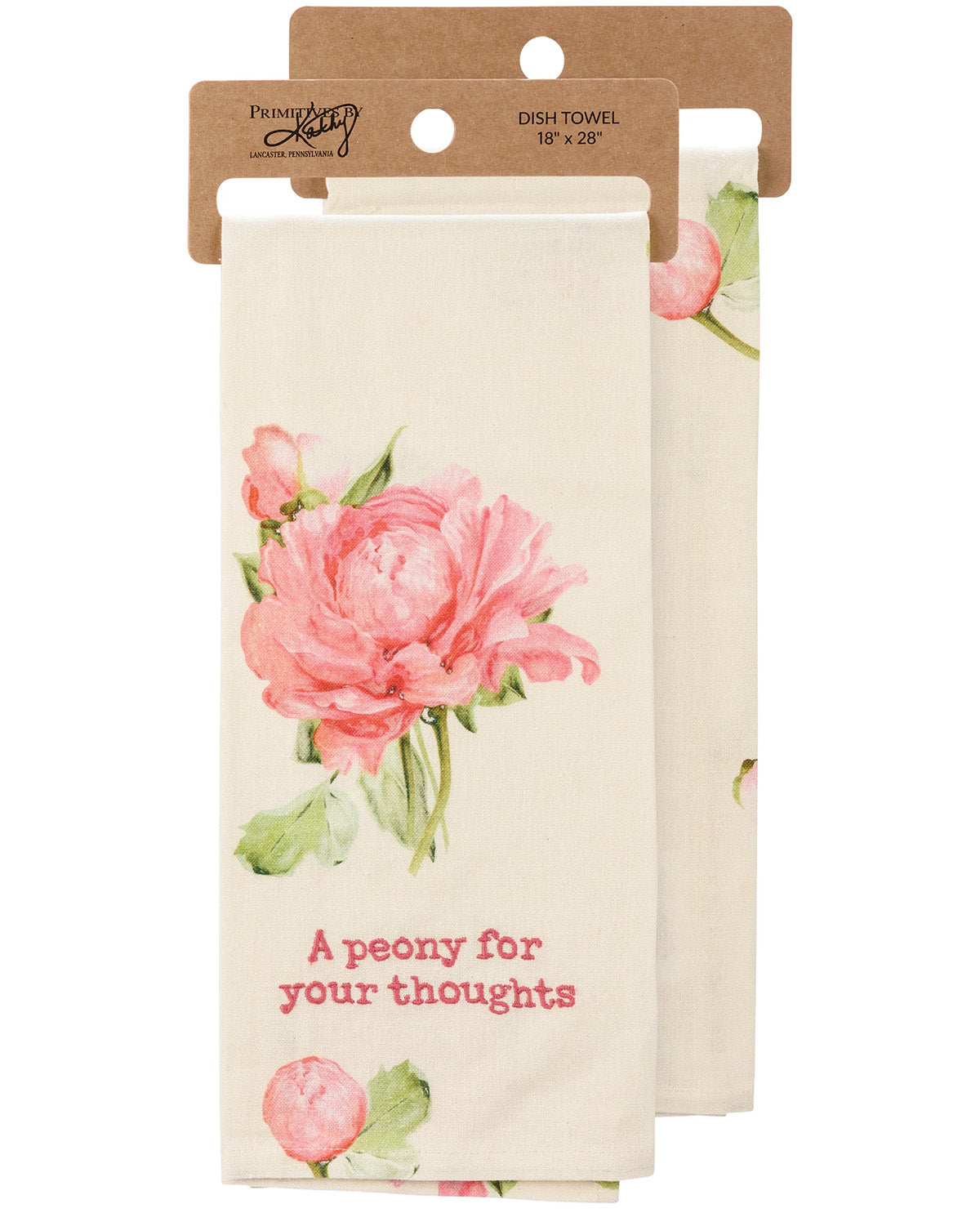 Two cream-colored dish towels with pink peony illustrations and the text 'A peony for your thoughts' on a white background.